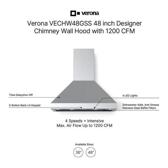 Verona VECHW48GSS 48 inch Designer Chimney Wall Hood with 1200 CFM, Stainless Steel Baffle Filters, LED Lighting in Stainless Steel