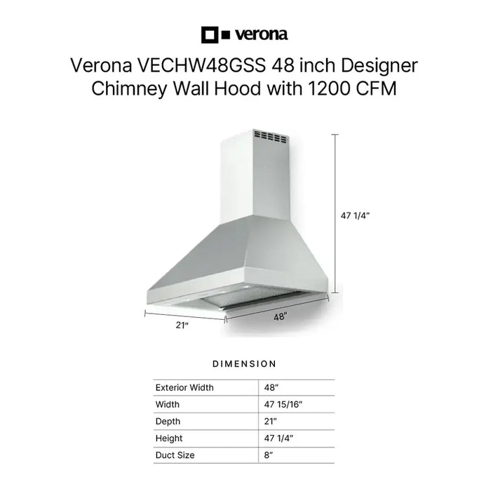 Verona VECHW48GSS 48 inch Designer Chimney Wall Hood with 1200 CFM, Stainless Steel Baffle Filters, LED Lighting in Stainless Steel