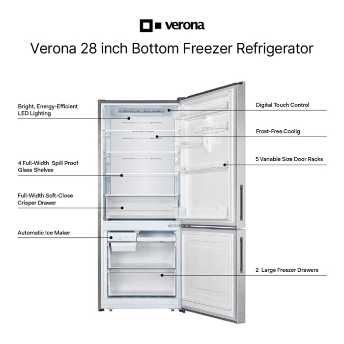 Verona VEFBF2814RSL 28 inch Bottom Freezer Refrigerator with 14.8 cu. ft. Total Capacity, Recessed Handle, Reversible Doors, Ice Maker, Energy Star