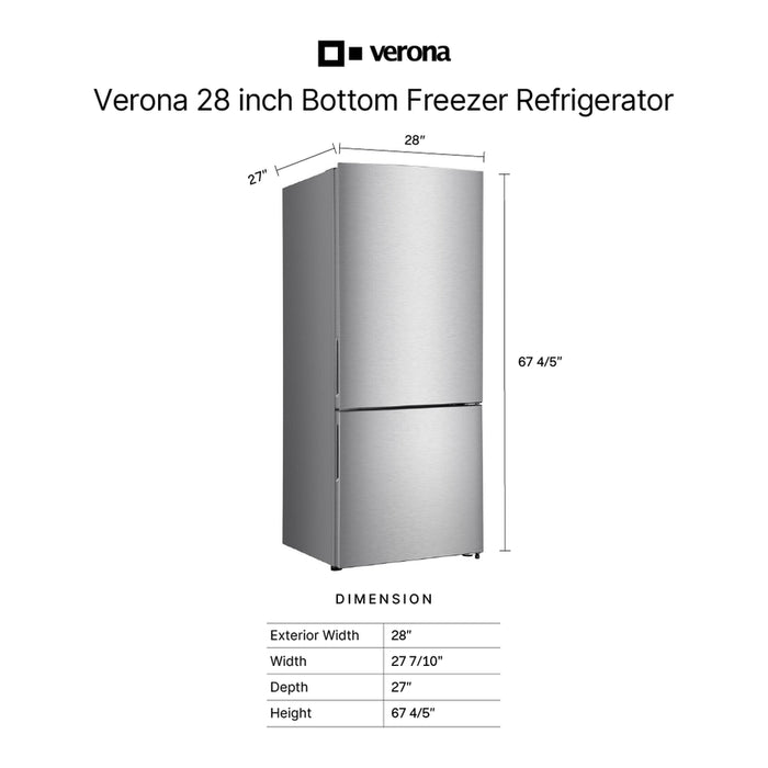 Verona VEFBF2814RSL 28 inch Bottom Freezer Refrigerator with 14.8 cu. ft. Total Capacity, Recessed Handle, Reversible Doors, Ice Maker, Energy Star