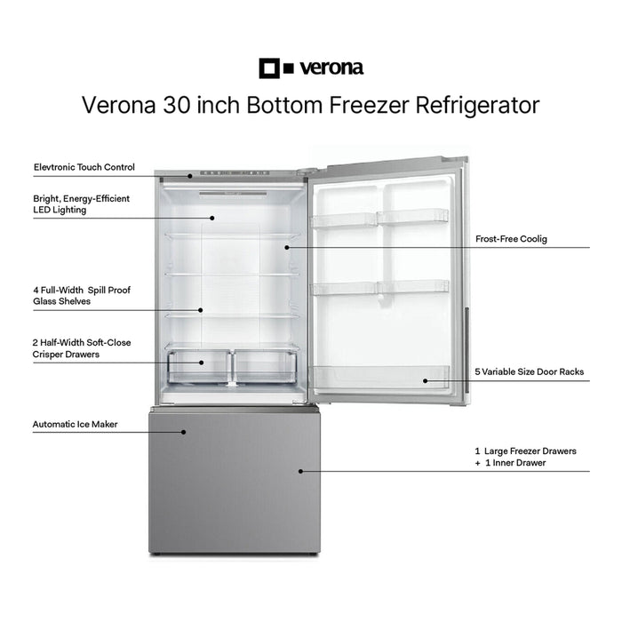 Verona VEFBF3017RISL 30 inch Freestanding Bottom Freezer Refrigerator with 17.6 cu. ft. Total Capacity, Automatic Ice Maker, Recessed Handle