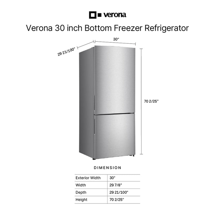 Verona VEFBF3017RISL 30 inch Freestanding Bottom Freezer Refrigerator with 17.6 cu. ft. Total Capacity, Automatic Ice Maker, Recessed Handle