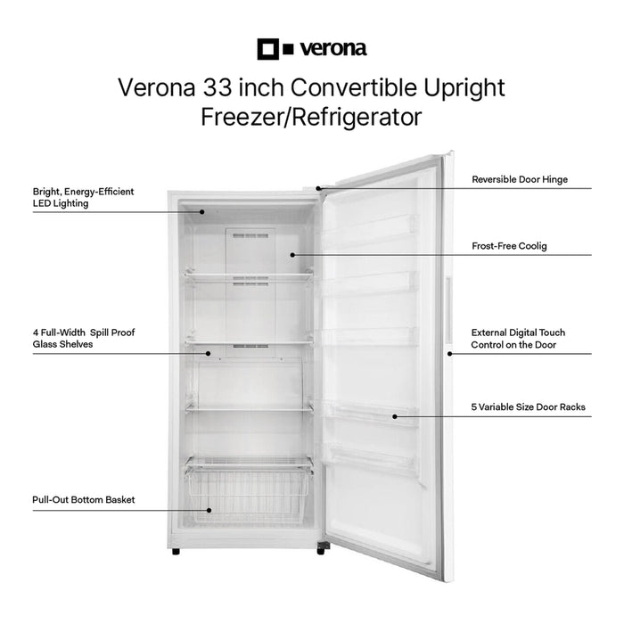 Verona VEFCF3320 33 inch Convertible Upright Freezer/Refrigerator with 20.2 cu. ft. Capacity, Exterior Control Panel, Garage Ready, Energy Star
