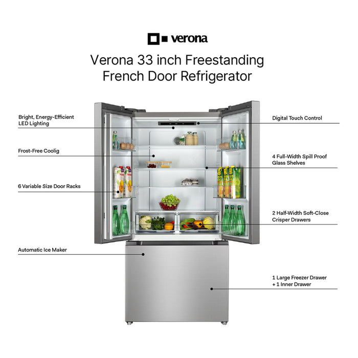 Verona VEFFD3316RISL 33 inch Freestanding French Door Refrigerator with 16.5 cu. ft. Capacity, Automatic Ice Maker, Recessed Handle