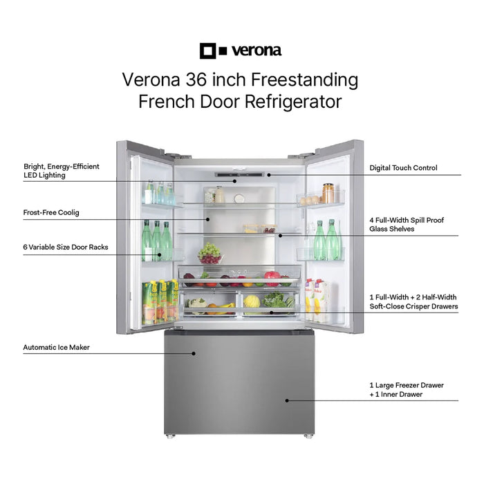 Verona VEFFD3620RISL 36 inch Freestanding French Door Refrigerator with 20.3 cu. ft. Capacity, Automatic Ice Maker, Recessed Handle