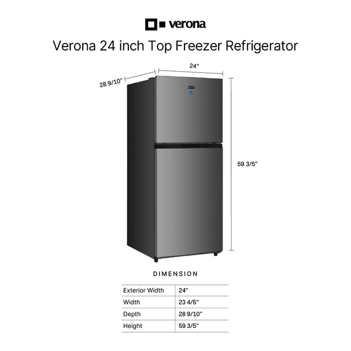 Verona VEFTF2412R 24 inch Top Freezer Refrigerator with 12 cu. ft. Total Capacity, Reversible Doors, Recessed Handle, Energy Star
