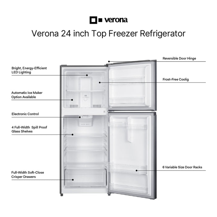 Verona VEFTF2412R 24 inch Top Freezer Refrigerator with 12 cu. ft. Total Capacity, Reversible Doors, Recessed Handle, Energy Star