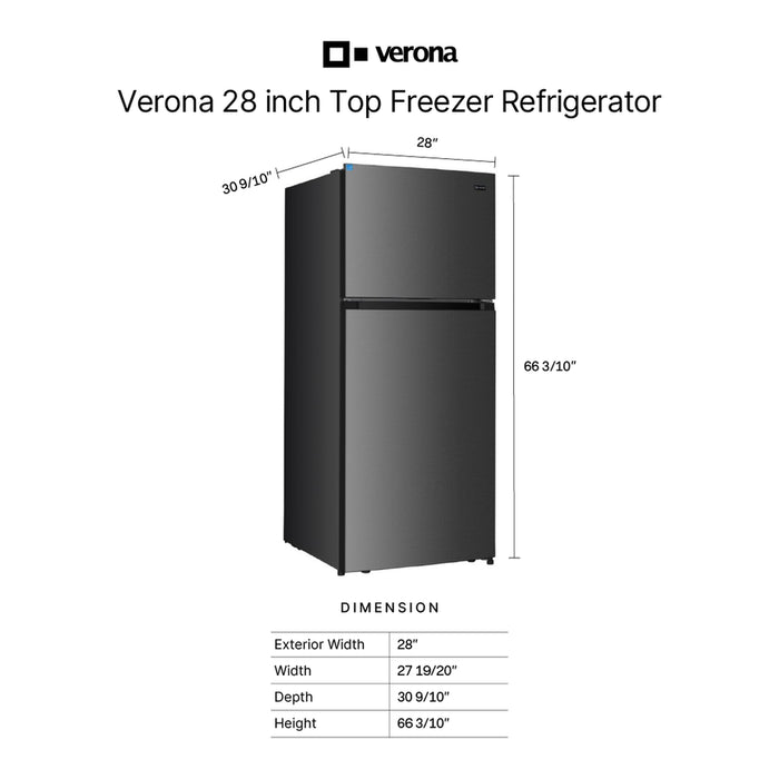 Verona VEFTF2817R 28 inch Top Freezer Refrigerator with 17.6 cu. ft. Total Capacity, Reversible Doors, Recessed Handle, Energy Star