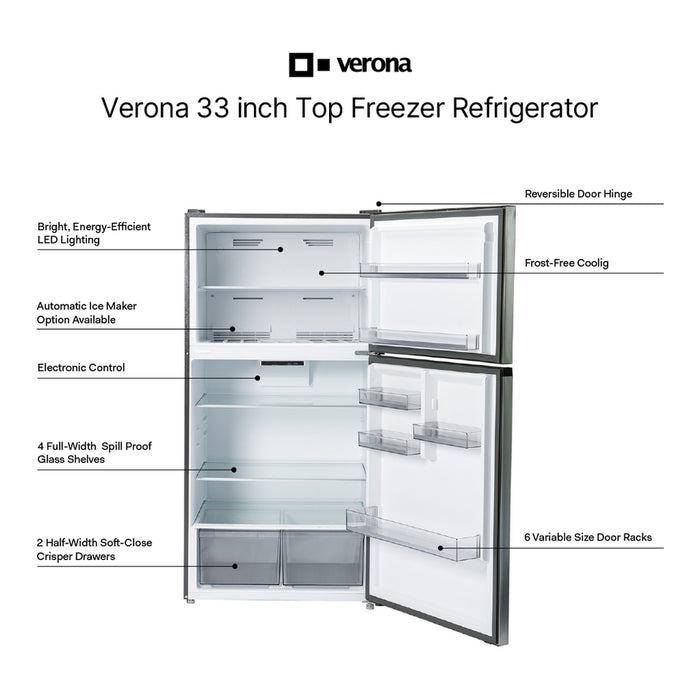 Verona VEFTF3324R 33 inch Freestanding Top Freezer Refrigerator with 24 cu. ft. Capacity, Recessed Handle