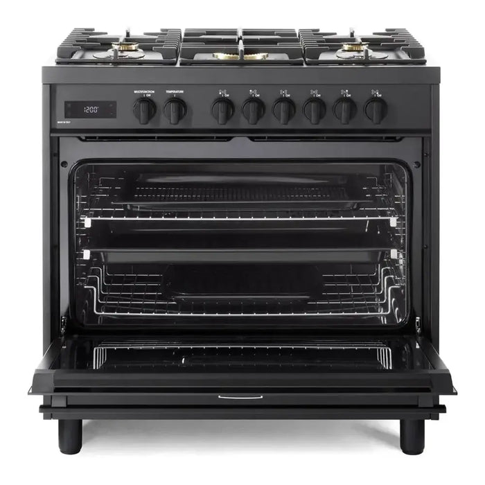 Verona VMFSGE365EE 36 inch Ultima Midnight Collection Freestanding Dual Fuel Range with 5 Sealed SABAF Brass Burners, 5 cu. ft. Oven Capacity in Matte Black