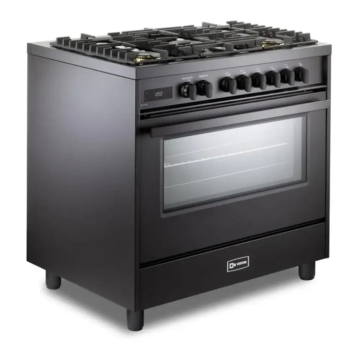 Verona VMFSGE365EE 36 inch Ultima Midnight Collection Freestanding Dual Fuel Range with 5 Sealed SABAF Brass Burners, 5 cu. ft. Oven Capacity in Matte Black