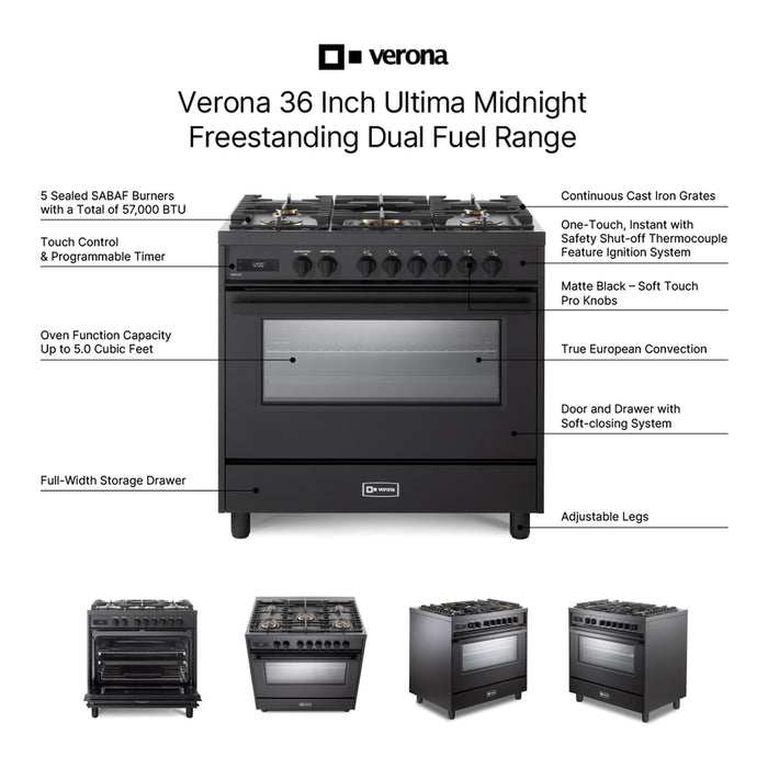 Verona VMFSGE365EE 36 inch Ultima Midnight Collection Freestanding Dual Fuel Range with 5 Sealed SABAF Brass Burners, 5 cu. ft. Oven Capacity in Matte Black