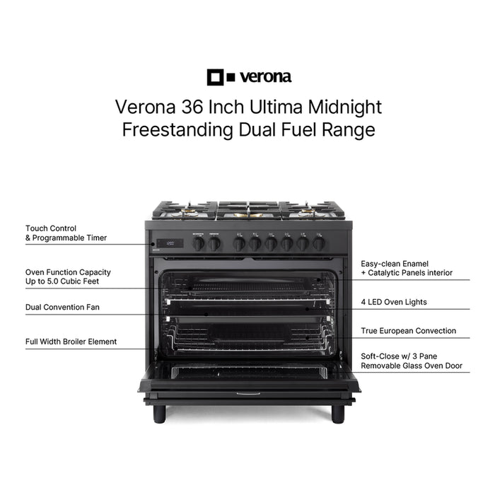 Verona VMFSGE365EE 36 inch Ultima Midnight Collection Freestanding Dual Fuel Range with 5 Sealed SABAF Brass Burners, 5 cu. ft. Oven Capacity in Matte Black