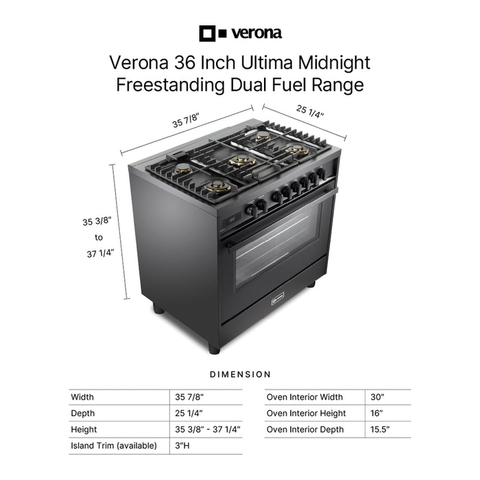 Verona VMFSGE365EE 36 inch Ultima Midnight Collection Freestanding Dual Fuel Range with 5 Sealed SABAF Brass Burners, 5 cu. ft. Oven Capacity in Matte Black