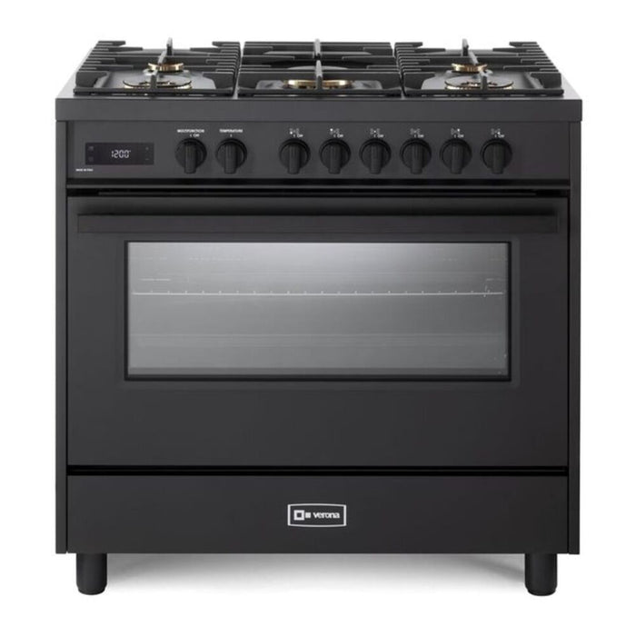 Verona VMFSGE365EE 36 inch Ultima Midnight Collection Freestanding Dual Fuel Range with 5 Sealed SABAF Brass Burners, 5 cu. ft. Oven Capacity in Matte Black