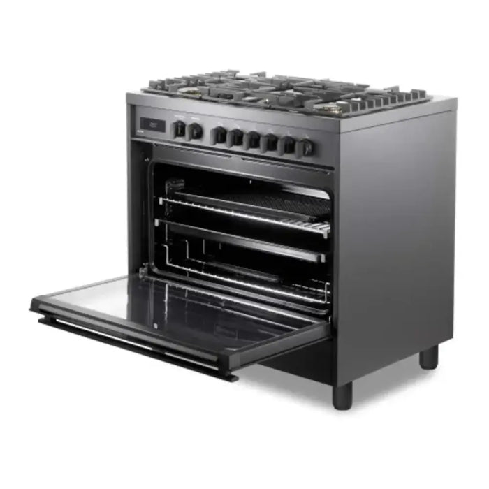 Verona VMFSGE365EE 36 inch Ultima Midnight Collection Freestanding Dual Fuel Range with 5 Sealed SABAF Brass Burners, 5 cu. ft. Oven Capacity in Matte Black