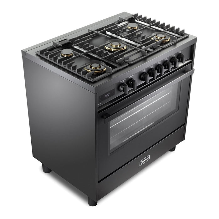 Verona VMFSGE365EE 36 inch Ultima Midnight Collection Freestanding Dual Fuel Range with 5 Sealed SABAF Brass Burners, 5 cu. ft. Oven Capacity in Matte Black