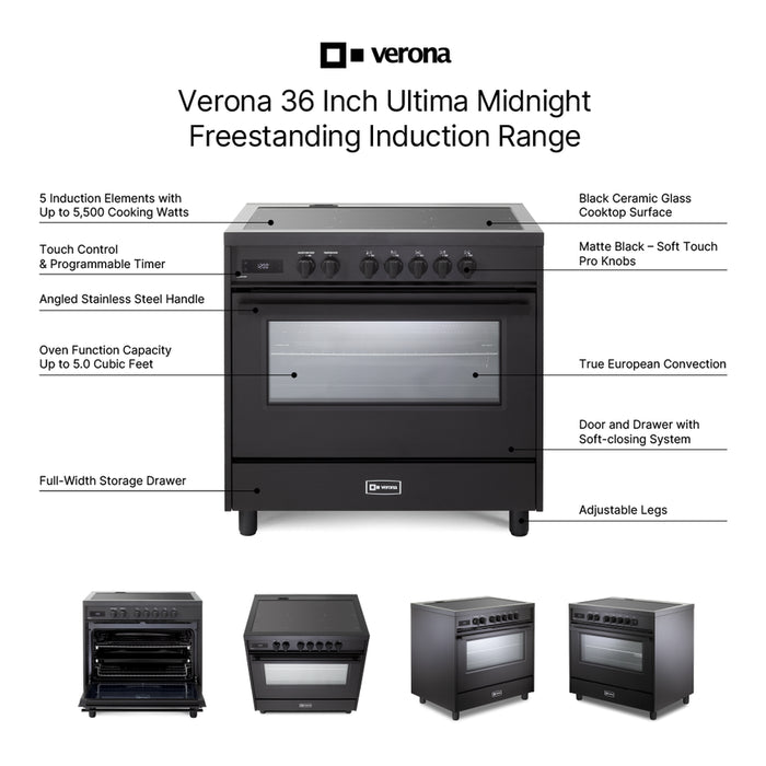 Verona VMFSIE365EE 36 inch Ultima Midnight Collection Freestanding Induction Range with 5 Elements, 5 cu. ft. Oven Capacity, Touch Control Clock in Matte Black