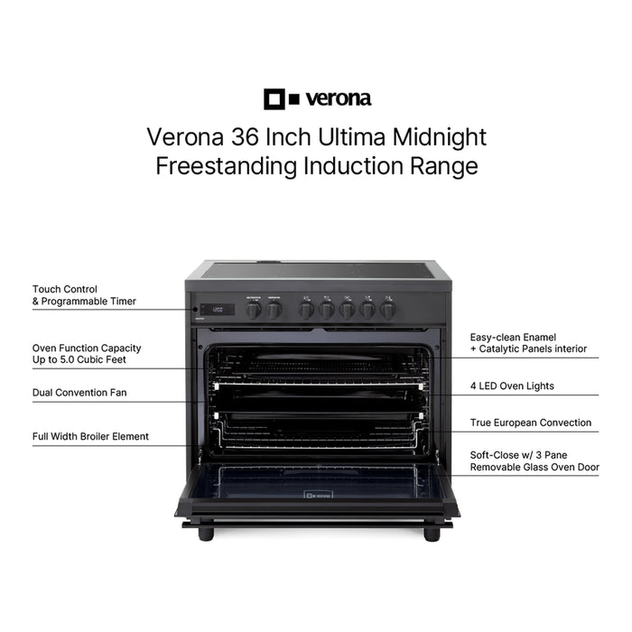 Verona VMFSIE365EE 36 inch Ultima Midnight Collection Freestanding Induction Range with 5 Elements, 5 cu. ft. Oven Capacity, Touch Control Clock in Matte Black