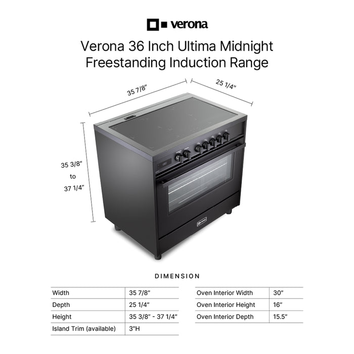 Verona VMFSIE365EE 36 inch Ultima Midnight Collection Freestanding Induction Range with 5 Elements, 5 cu. ft. Oven Capacity, Touch Control Clock in Matte Black