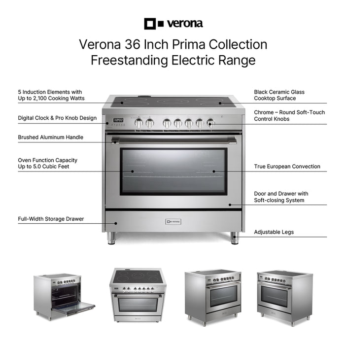 Verona VPRFSEE365SS 36 inch Prima Series Freestanding Electric Range with 5 Elements, 5 cu. ft. Oven Capacity, Digital Clock, Timer in Stainless Steel