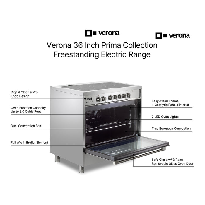 Verona VPRFSEE365SS 36 inch Prima Series Freestanding Electric Range with 5 Elements, 5 cu. ft. Oven Capacity, Digital Clock, Timer in Stainless Steel