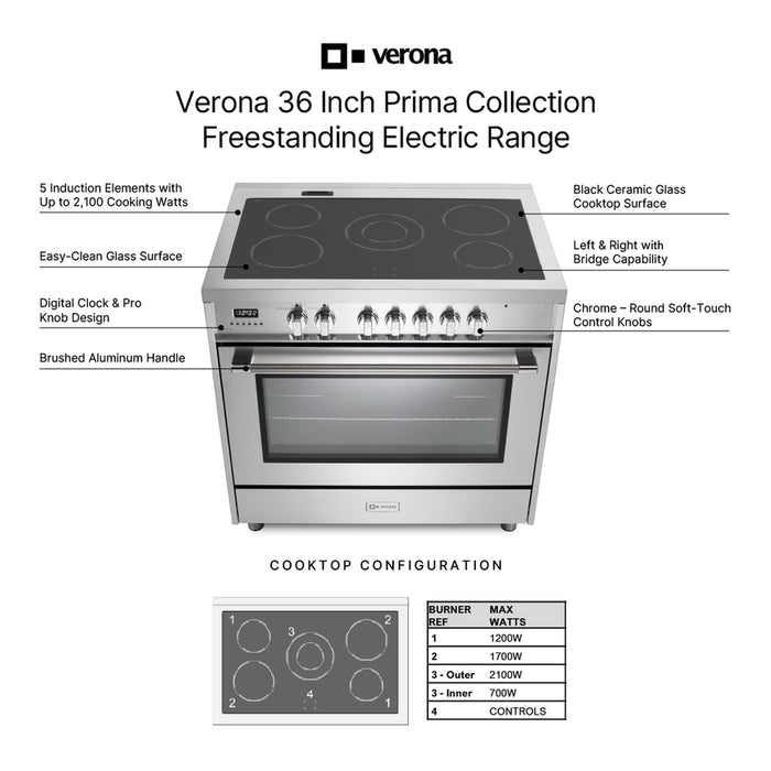 Verona VPRFSEE365SS 36 inch Prima Series Freestanding Electric Range with 5 Elements, 5 cu. ft. Oven Capacity, Digital Clock, Timer in Stainless Steel