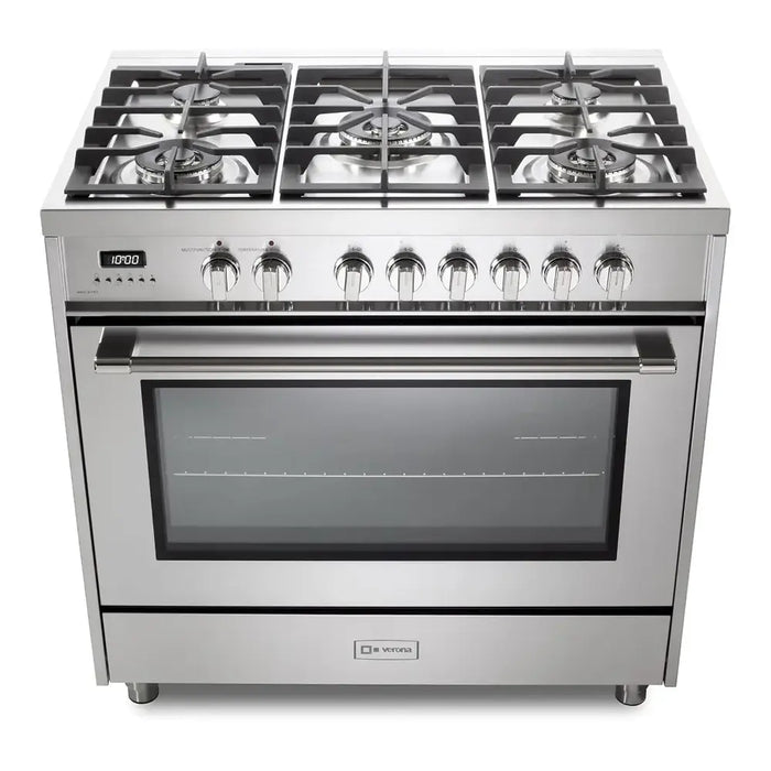 Verona VPRFSGE365SS 36 inch Prima Series Freestanding Dual Fuel Range with 5 Sealed SABAF Burners, 5 cu. ft. Oven Capacity, Touch Control Clock in Stainless Steel