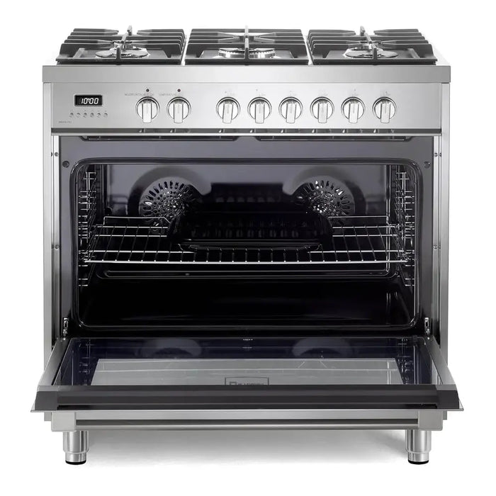 Verona VPRFSGE365SS 36 inch Prima Series Freestanding Dual Fuel Range with 5 Sealed SABAF Burners, 5 cu. ft. Oven Capacity, Touch Control Clock in Stainless Steel