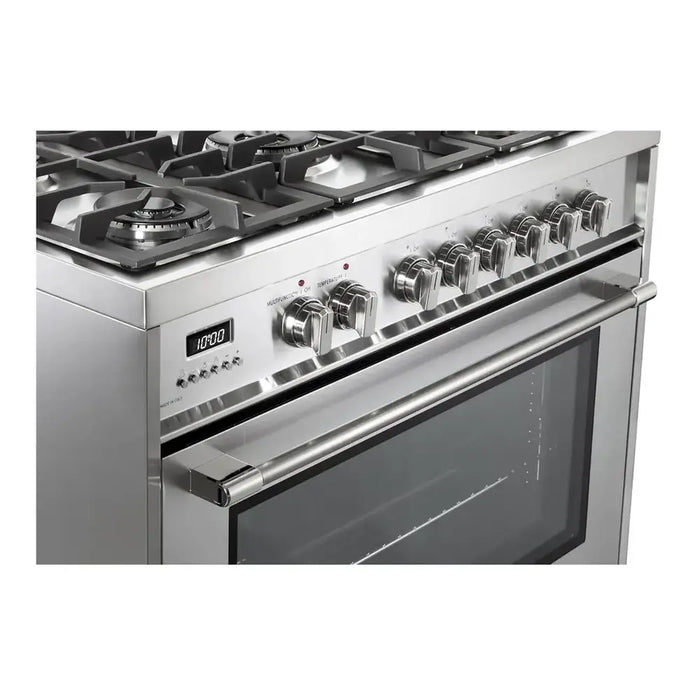 Verona VPRFSGE365SS 36 inch Prima Series Freestanding Dual Fuel Range with 5 Sealed SABAF Burners, 5 cu. ft. Oven Capacity, Touch Control Clock in Stainless Steel
