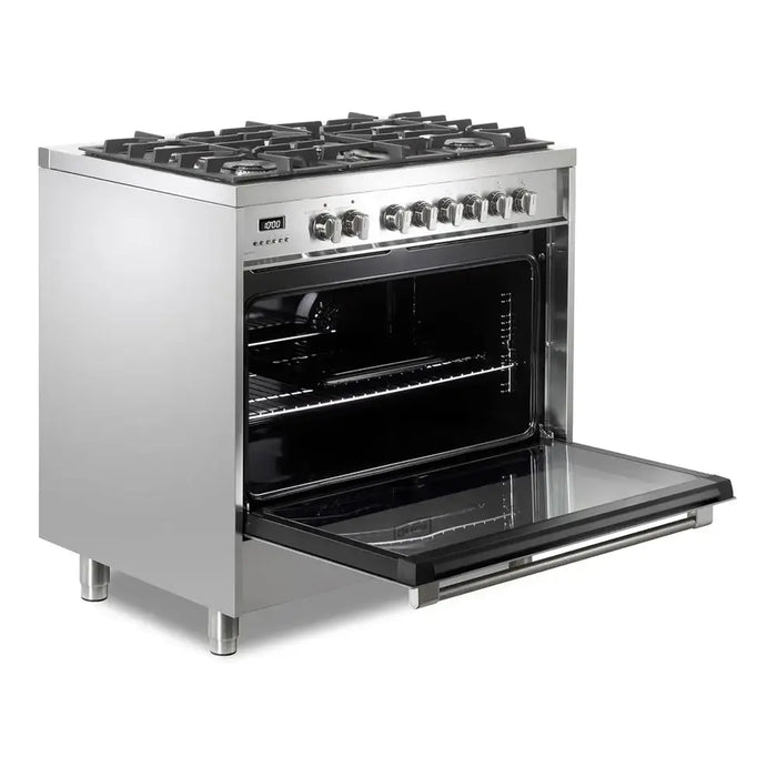 Verona VPRFSGE365SS 36 inch Prima Series Freestanding Dual Fuel Range with 5 Sealed SABAF Burners, 5 cu. ft. Oven Capacity, Touch Control Clock in Stainless Steel