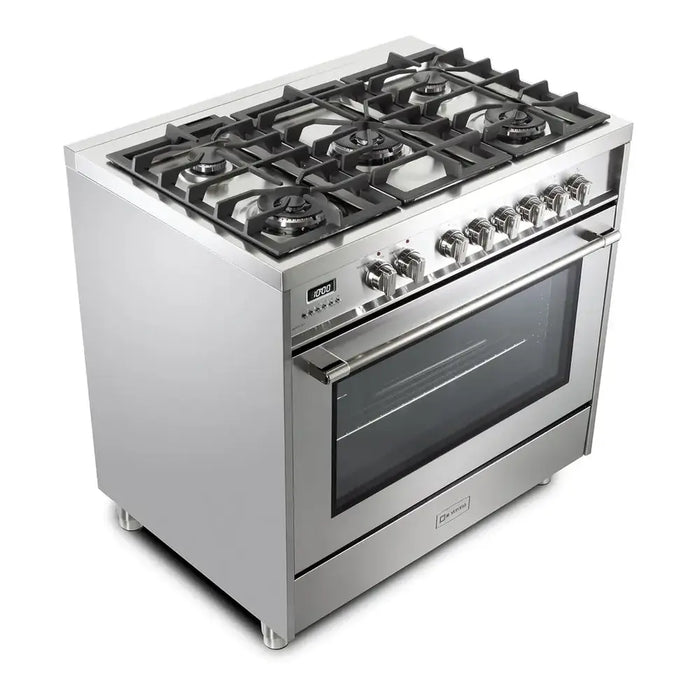 Verona VPRFSGE365SS 36 inch Prima Series Freestanding Dual Fuel Range with 5 Sealed SABAF Burners, 5 cu. ft. Oven Capacity, Touch Control Clock in Stainless Steel