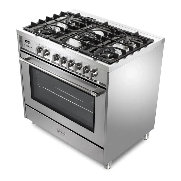Verona VPRFSGE365SS 36 inch Prima Series Freestanding Dual Fuel Range with 5 Sealed SABAF Burners, 5 cu. ft. Oven Capacity, Touch Control Clock in Stainless Steel