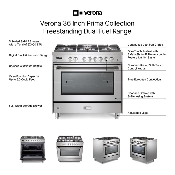Verona VPRFSGE365SS 36 inch Prima Series Freestanding Dual Fuel Range with 5 Sealed SABAF Burners, 5 cu. ft. Oven Capacity, Touch Control Clock in Stainless Steel