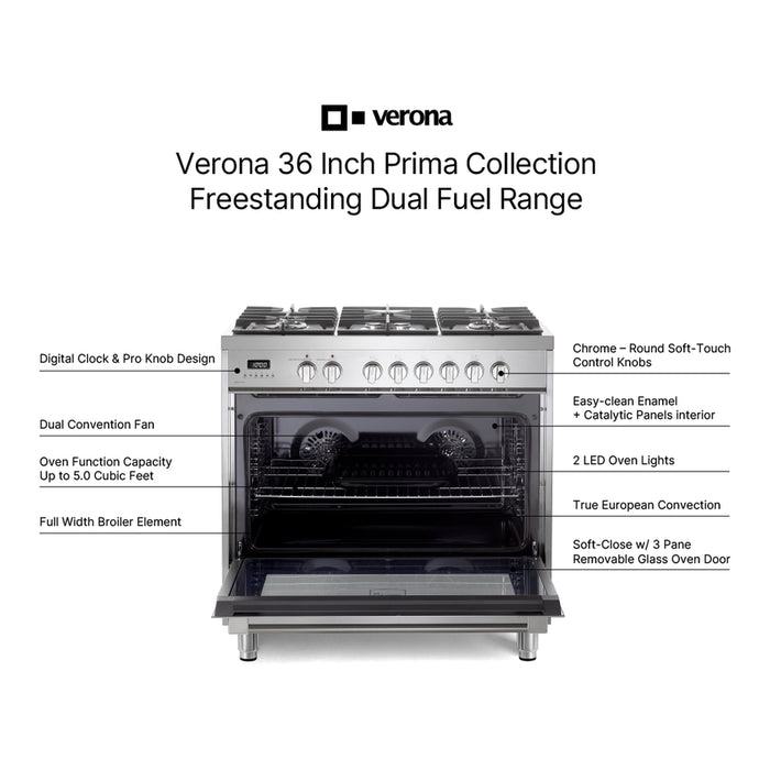 Verona VPRFSGE365SS 36 inch Prima Series Freestanding Dual Fuel Range with 5 Sealed SABAF Burners, 5 cu. ft. Oven Capacity, Touch Control Clock in Stainless Steel
