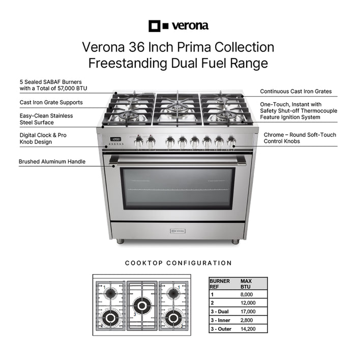 Verona VPRFSGE365SS 36 inch Prima Series Freestanding Dual Fuel Range with 5 Sealed SABAF Burners, 5 cu. ft. Oven Capacity, Touch Control Clock in Stainless Steel