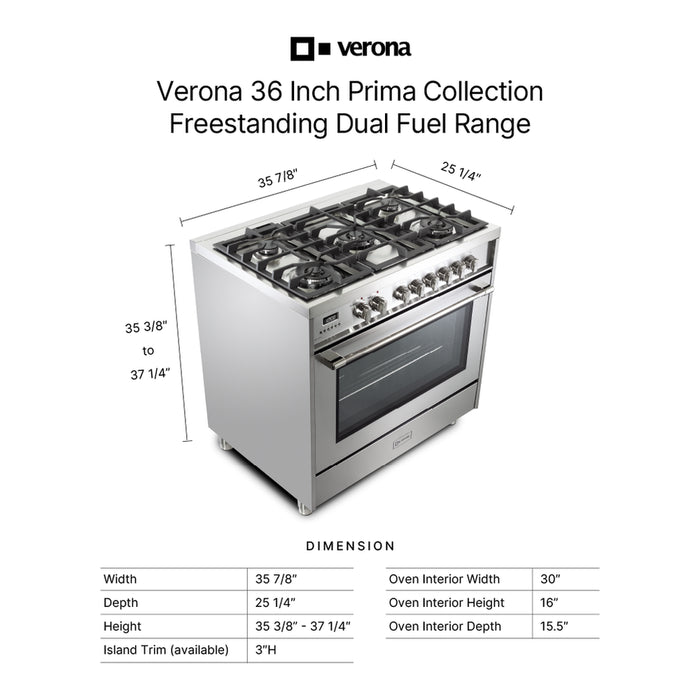 Verona VPRFSGE365SS 36 inch Prima Series Freestanding Dual Fuel Range with 5 Sealed SABAF Burners, 5 cu. ft. Oven Capacity, Touch Control Clock in Stainless Steel