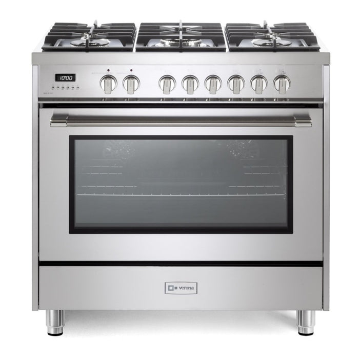 Verona VPRFSGE365SS 36 inch Prima Series Freestanding Dual Fuel Range with 5 Sealed SABAF Burners, 5 cu. ft. Oven Capacity, Touch Control Clock in Stainless Steel