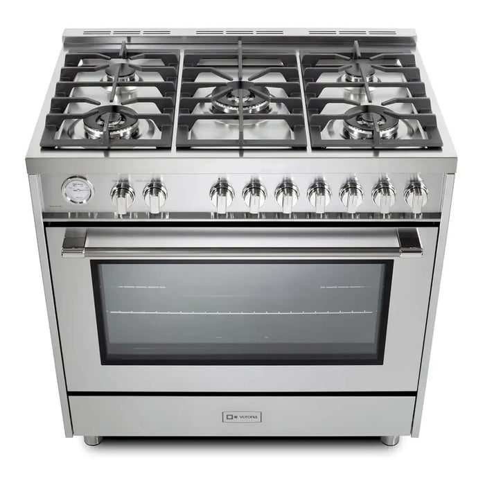 Verona VPRFSGG365SS 36 inch Prima Series Freestanding Gas Range with 5 Sealed Burners, 5 cu. ft. Oven Capacity, Temperature Gauge in Stainless Steel