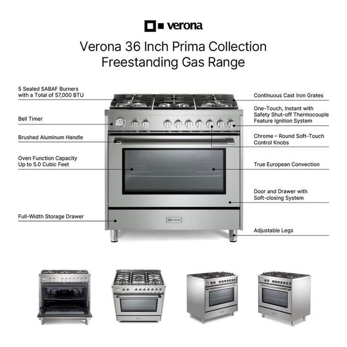 Verona VPRFSGG365SS 36 inch Prima Series Freestanding Gas Range with 5 Sealed Burners, 5 cu. ft. Oven Capacity, Temperature Gauge in Stainless Steel