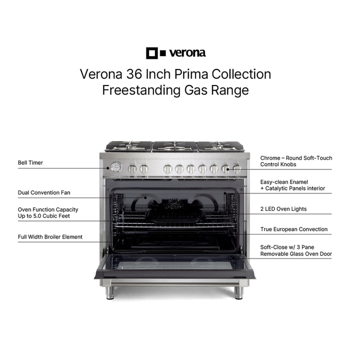 Verona VPRFSGG365SS 36 inch Prima Series Freestanding Gas Range with 5 Sealed Burners, 5 cu. ft. Oven Capacity, Temperature Gauge in Stainless Steel