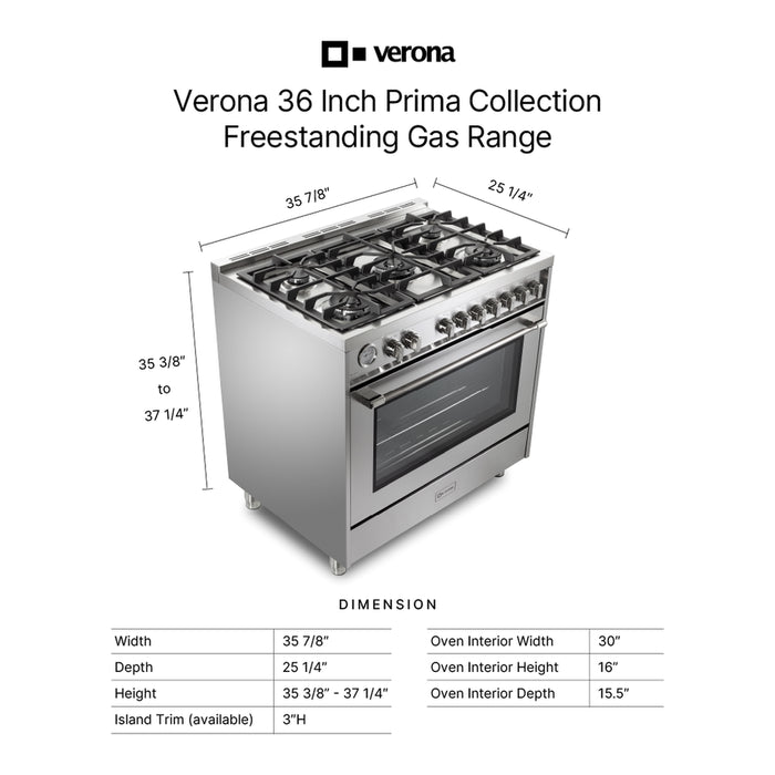 Verona VPRFSGG365SS 36 inch Prima Series Freestanding Gas Range with 5 Sealed Burners, 5 cu. ft. Oven Capacity, Temperature Gauge in Stainless Steel
