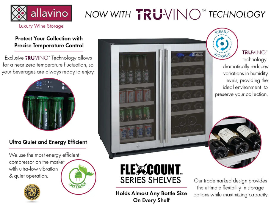 Allavino 30" Wide FlexCount II Tru-Vino 30 Bottle/88 Can Dual Zone Stainless Steel Built-In Wine Refrigerator/Beverage Center