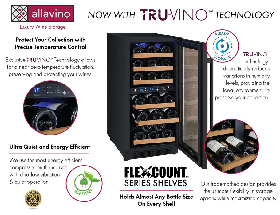 Allavino 15" Wide FlexCount II Tru-Vino 30 Bottle Dual Zone Black Wine Refrigerator