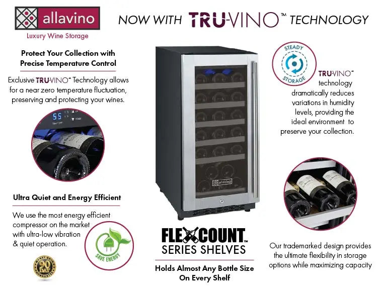 Allavino 15" Wide FlexCount II Tru-Vino 30 Bottle Single Zone Stainless Steel Left Hinge Wine Refrigerator