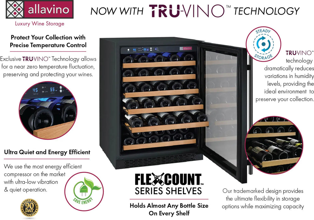 Allavino 47" Wide FlexCount II Tru-Vino 112 Bottle Three Zone Black Side-by-Side Wine Refrigerator