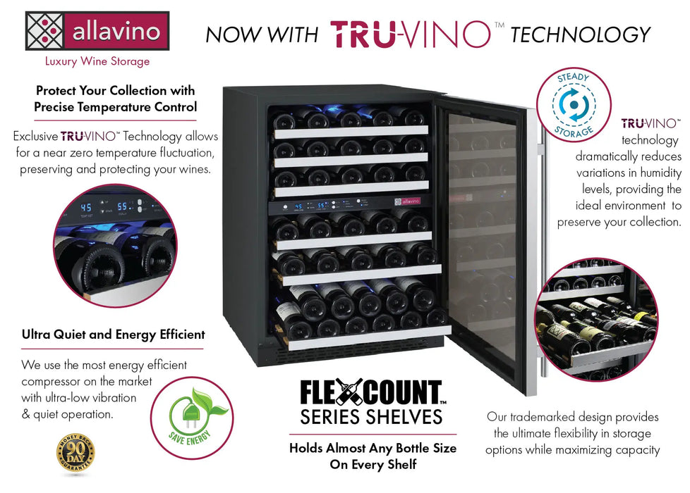 Allavino 15" Wide FlexCount II Tru-Vino 30 Bottle Dual Zone Stainless Steel Right Hinge Wine Refrigerator