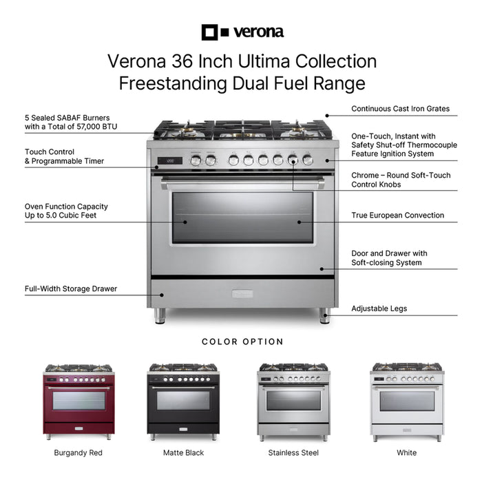 Verona VUFSGE365 36 inch Ultima Collection Freestanding Dual Fuel Range with 5 Sealed SABAF Brass Burners, 5 cu. ft. Oven Capacity