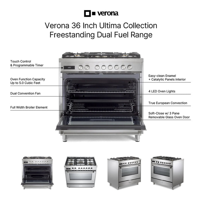 Verona VUFSGE365 36 inch Ultima Collection Freestanding Dual Fuel Range with 5 Sealed SABAF Brass Burners, 5 cu. ft. Oven Capacity