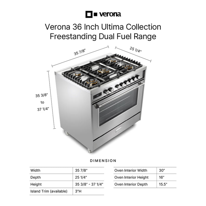 Verona VUFSGE365 36 inch Ultima Collection Freestanding Dual Fuel Range with 5 Sealed SABAF Brass Burners, 5 cu. ft. Oven Capacity